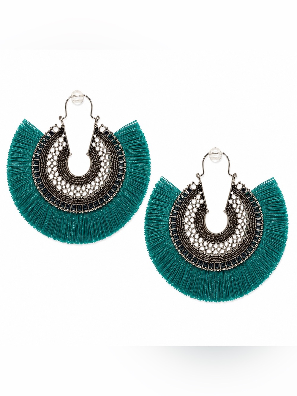 Teal Fringe Filigree Fan Earrings Gunmetal Boho Statement Drop Earrings